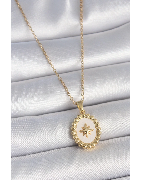 MuI MuI 316L Çelik Gold Renk Zincir Beyaz Mineli Kutup Yıldız İşlemeli Madalyon Model Kadın Kolye