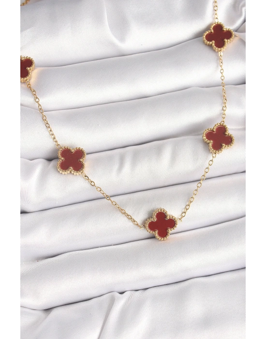 MuI MuI 316L Çelik Gold Renk Zincir Bordo Yonca Model Kadın Kolye