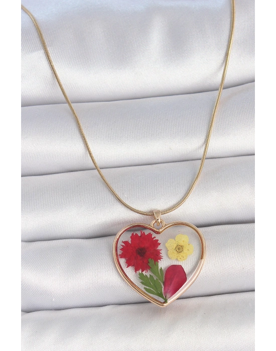MuI MuI 316L Çelik Gold Renk Zincir Epokis Kalp Doğal Çiçek Model Kadın Kolye