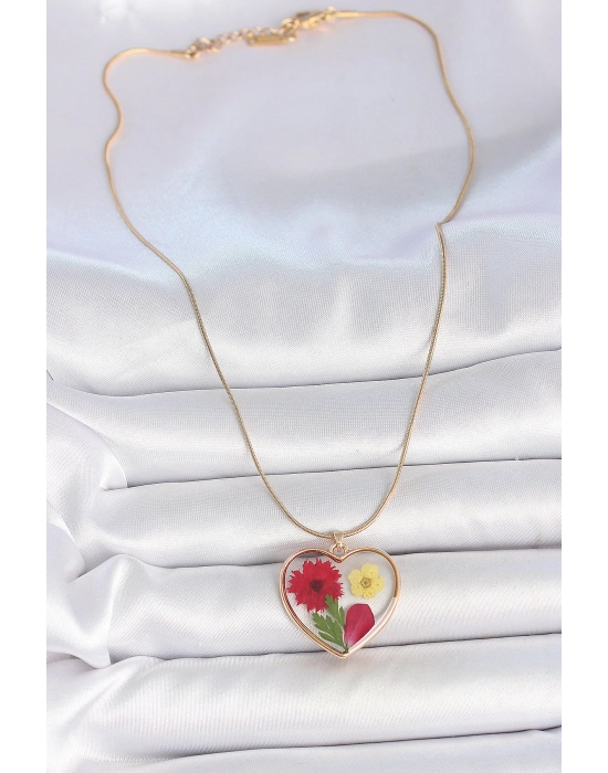 MuI MuI 316L Çelik Gold Renk Zincir Epokis Kalp Doğal Çiçek Model Kadın Kolye