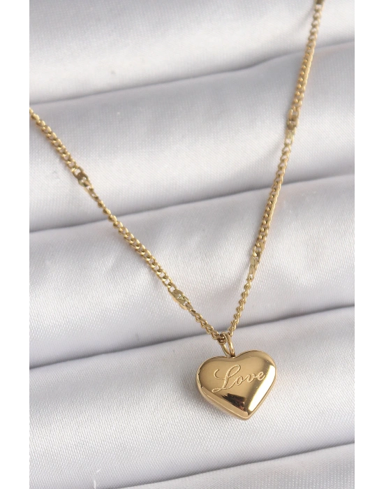 MuI MuI 316L Çelik Gold Renk Zincir Love İşlemeli Kalp Figür Kadın Kolye