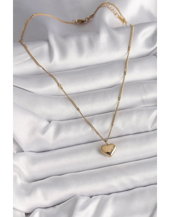 MuI MuI 316L Çelik Gold Renk Zincir Love İşlemeli Kalp Figür Kadın Kolye