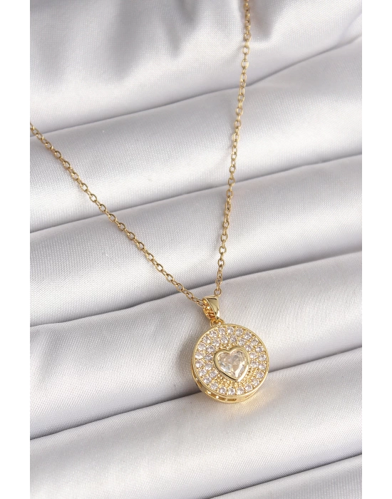 MuI MuI 316L Çelik Gold Renk Zincir Madalyon Zirkon Taşlı Kalp Model Kadın Kolye