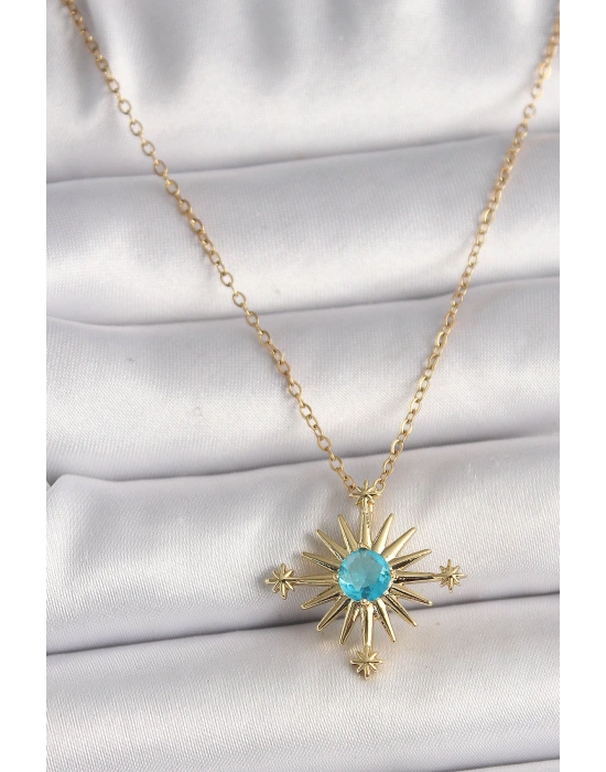 MuI MuI 316L Çelik Gold Renk Zincir Mavi Taş Detaylı Kuzey Yıldız Model Kadın Kolye