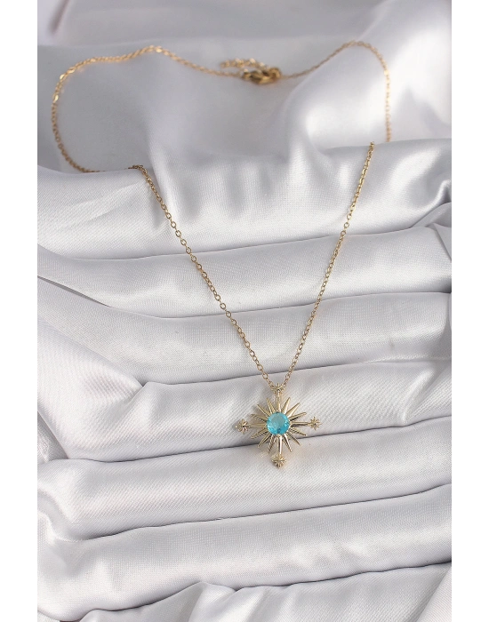 MuI MuI 316L Çelik Gold Renk Zincir Mavi Taş Detaylı Kuzey Yıldız Model Kadın Kolye