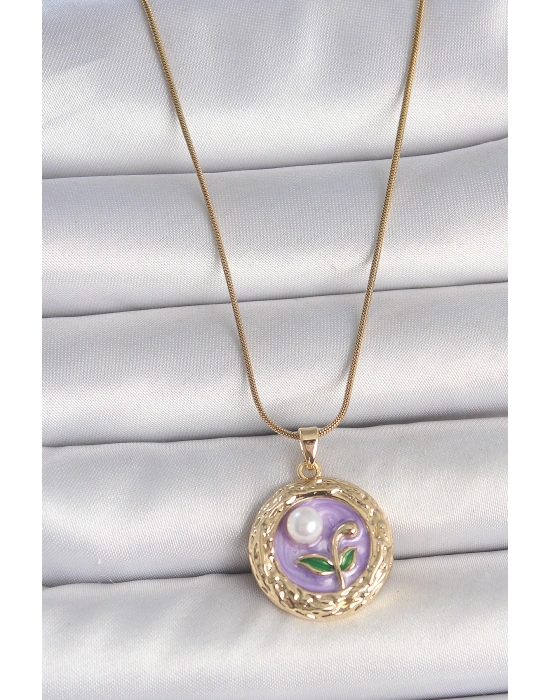MuI MuI 316L Çelik Gold Renk Zincir Mor Çiçek İşlemeli İnci Detay Potre Model Kadın Kolye