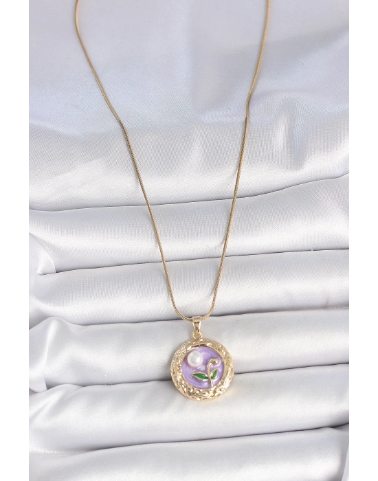 MuI MuI 316L Çelik Gold Renk Zincir Mor Çiçek İşlemeli İnci Detay Potre Model Kadın Kolye