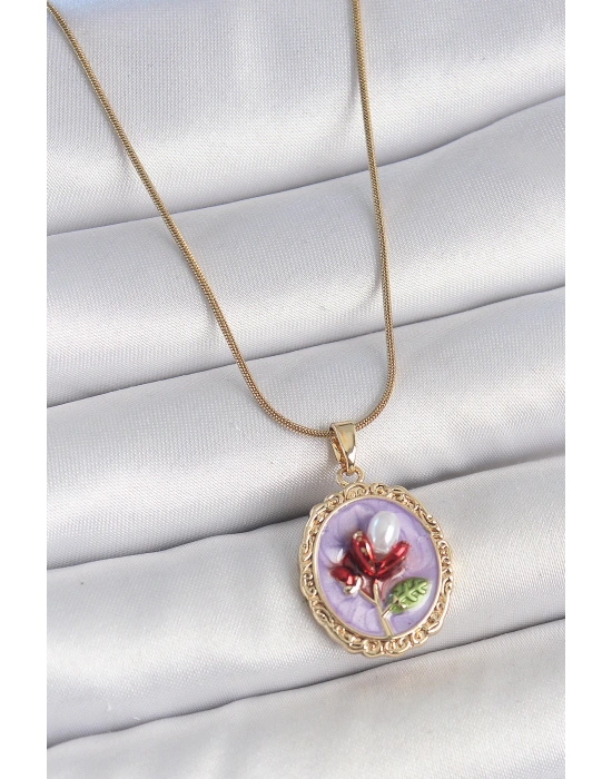 MuI MuI 316L Çelik Gold Renk Zincir Mor Mineli İncili Çiçek İşlemeli Portre Model Kadın Kolye