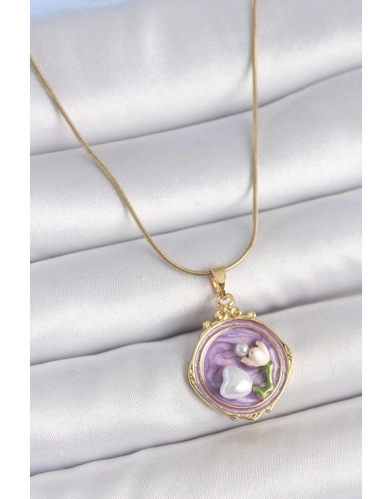 MuI MuI 316L Çelik Gold Renk Zincir Mor Mineli İncili Çiçek İşlemeli Portre Model Kadın Kolye