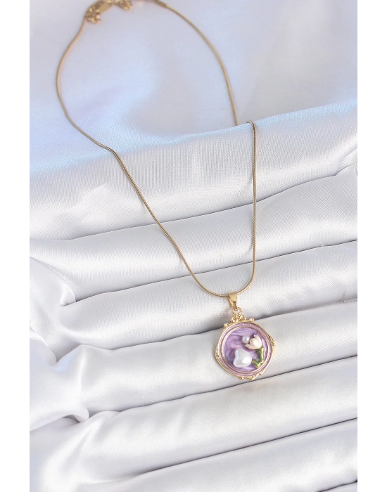 MuI MuI 316L Çelik Gold Renk Zincir Mor Mineli İncili Çiçek İşlemeli Portre Model Kadın Kolye