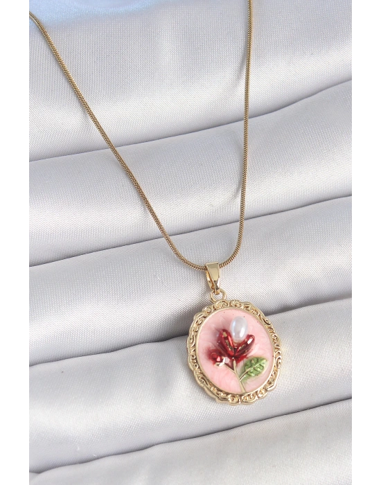 MuI MuI 316L Çelik Gold Renk Zincir Pembe Mineli İncili Çiçek İşlemeli Portre Model Kadın Kolye
