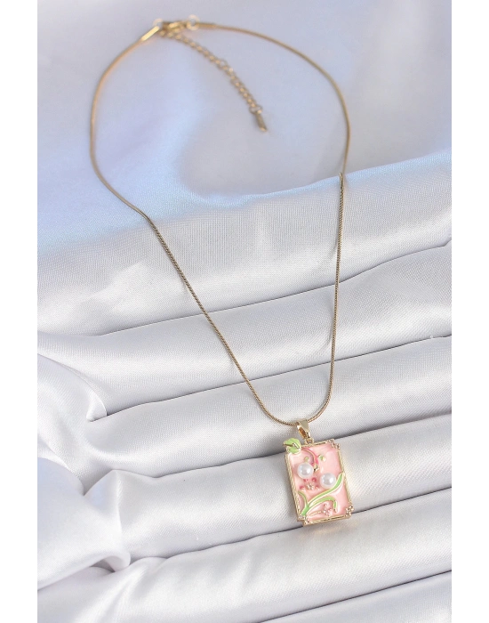 MuI MuI 316L Çelik Gold Renk Zincir Pembe Mineli İncli Çiçek İşlemeli Portre Model Kadın Kolye