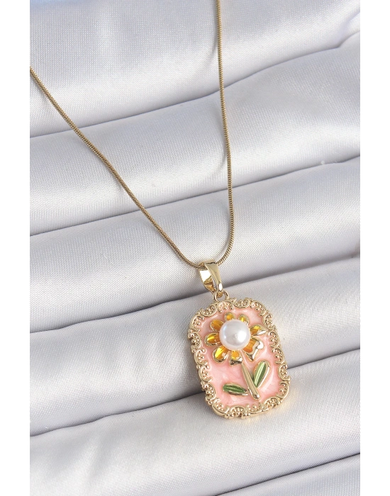 MuI MuI 316L Çelik Gold Renk Zincir Pembe Mineli İncli Papatya Model Portre Model Kadın Kolye
