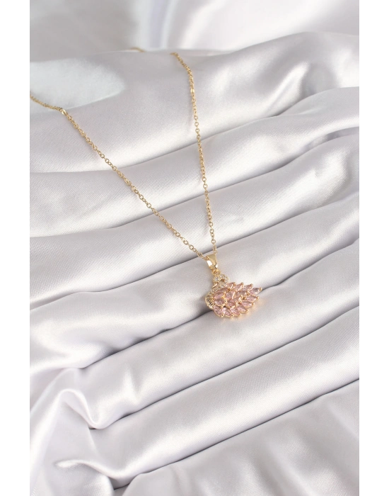 MuI MuI 316L Çelik Gold Renk Zincir Pembe Zirkon Taşlı Kuğu Model Kadın Kolye