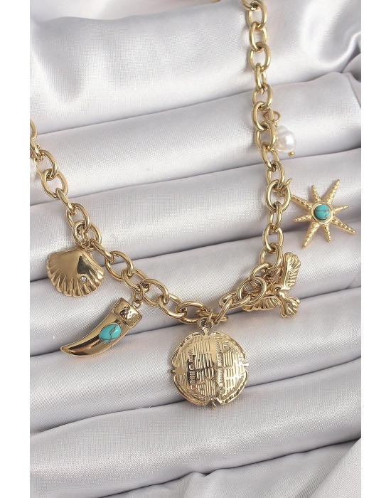 MuI MuI 316L Çelik Gold Renk Zincir Sallantılı Çoklu Figür Model Kadın Kolye