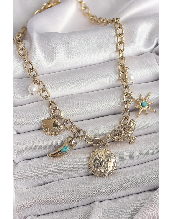 MuI MuI 316L Çelik Gold Renk Zincir Sallantılı Çoklu Figür Model Kadın Kolye