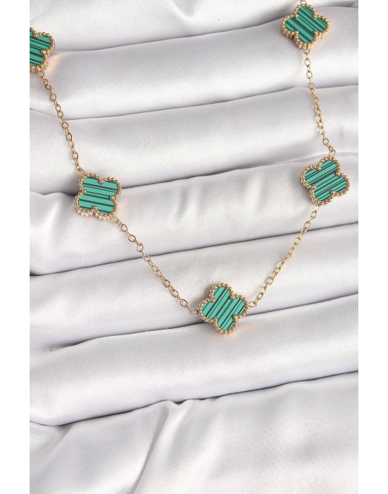 MuI MuI 316L Çelik Gold Renk Zincir Yeşil Yonca Model Kadın Kolye