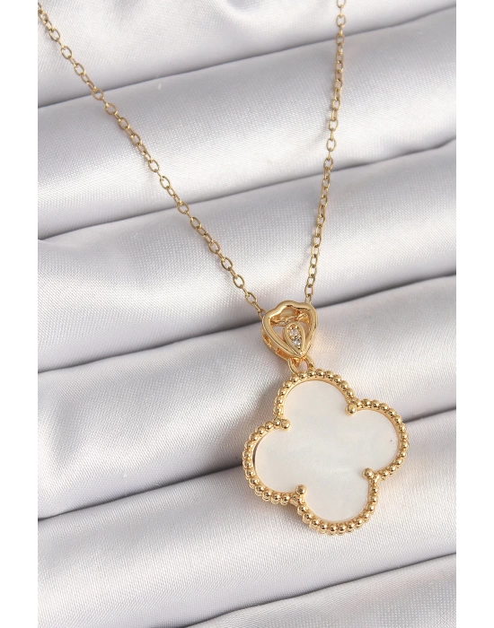 MuI MuI 316L Çelik Gold Renk Zincir Zirkon Taş Detaylı Beyaza Yonca Model Kadın Kolye