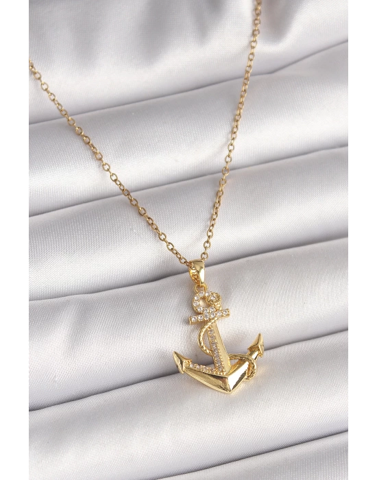 MuI MuI 316L Çelik Gold Renk Zincir Zirkon Taş Detaylı Çapa Model Kadın Kolye