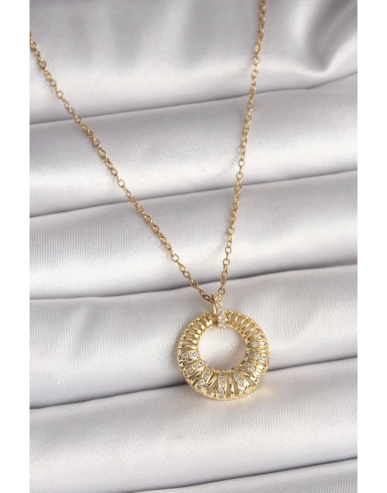 MuI MuI 316L Çelik Gold Renk Zincir Zirkon Taş İşlemeli Daire Model Kadın Kolye
