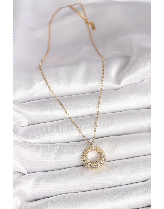 MuI MuI 316L Çelik Gold Renk Zincir Zirkon Taş İşlemeli Daire Model Kadın Kolye