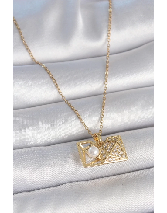 MuI MuI 316L Çelik Gold Renk Zincir Zirkon Taşlı Açılır İncili Elmas Model Kadın Kolye
