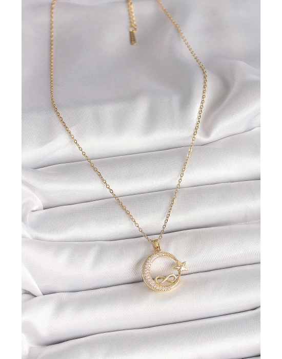 MuI MuI 316L Çelik Gold Renk Zincir Zirkon Taşlı Ay Yıldız Model Sonsuzluk Detay Kadın Kolye