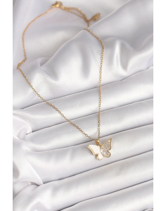 MuI MuI 316L Çelik Gold Renk Zincir Zirkon Taşlı Beyaz Mineli Kelebek Model Kadın Kolye