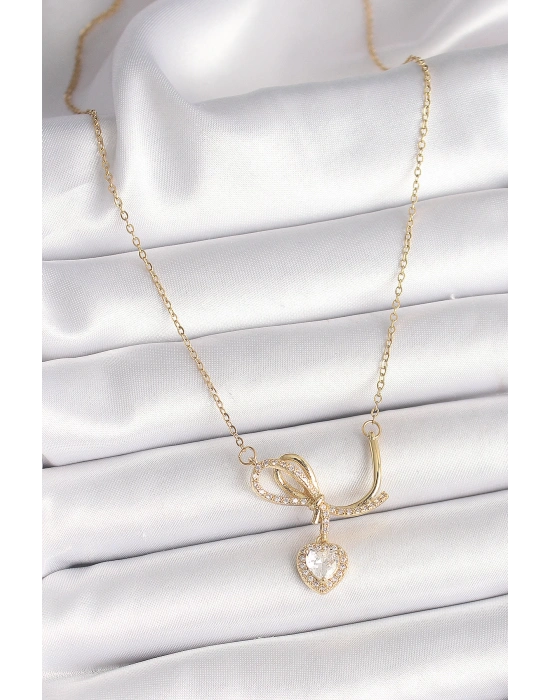 MuI MuI 316L Çelik Gold Renk Zincir Zirkon Taşlı Düğüm Sallantı Kalp Model Kadın Kolye