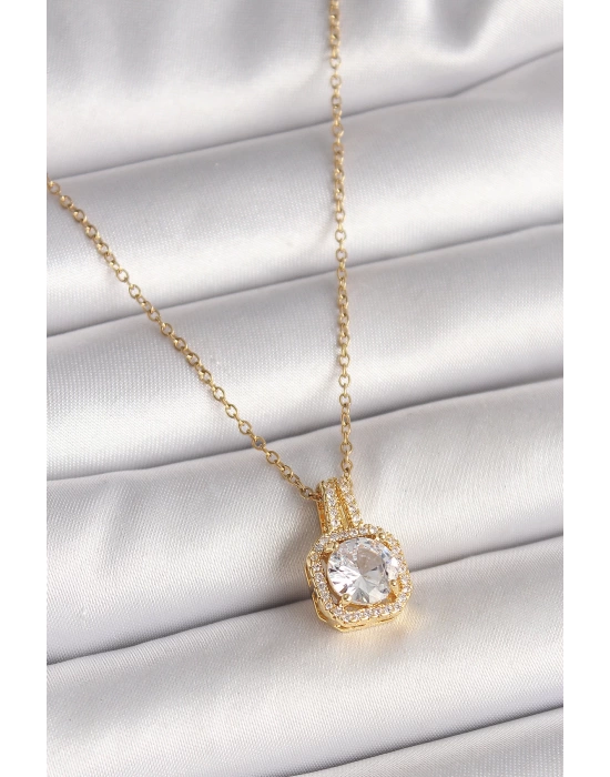 MuI MuI 316L Çelik Gold Renk Zincir Zirkon Taşlı Kare Model Kadın Kolye