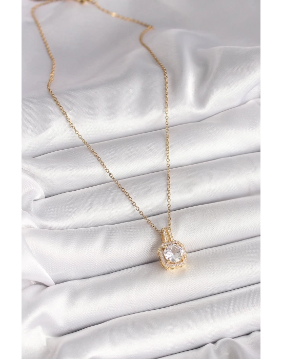 MuI MuI 316L Çelik Gold Renk Zincir Zirkon Taşlı Kare Model Kadın Kolye