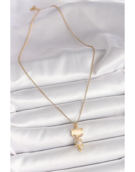 MuI MuI 316L Çelik Gold Renk Zincir Zirkon Taşlı Kedi Model Kadın Kolye