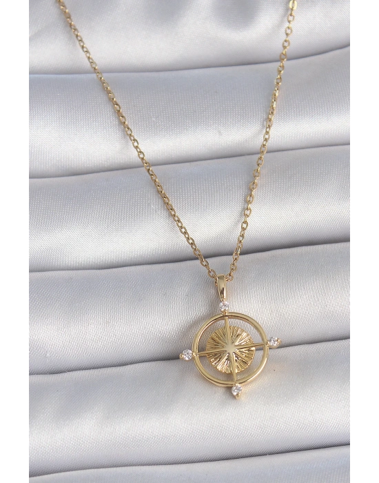 MuI MuI 316L Çelik Gold Renk Zincir Zirkon Taşlı Pusula Model Kadın Kolye