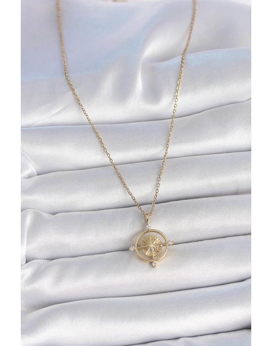 MuI MuI 316L Çelik Gold Renk Zincir Zirkon Taşlı Pusula Model Kadın Kolye