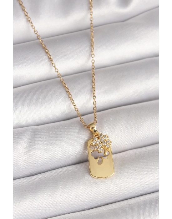 MuI MuI 316L Çelik Gold Renk Zincir Zirkon Taşlı Yonca Model Kadın Kolye