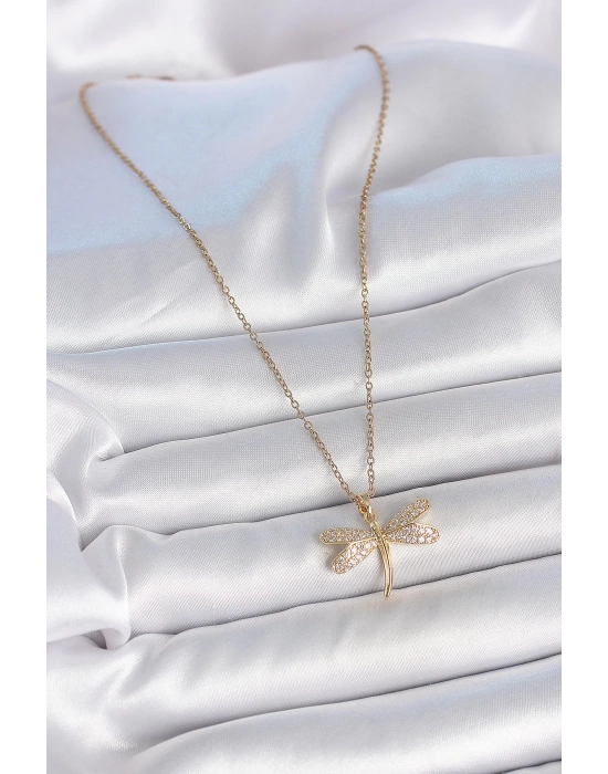 MuI MuI 316L Çelik Gold Renk Zincir Zirkon Taşlı Yusufçuk Model Kadın Kolye
