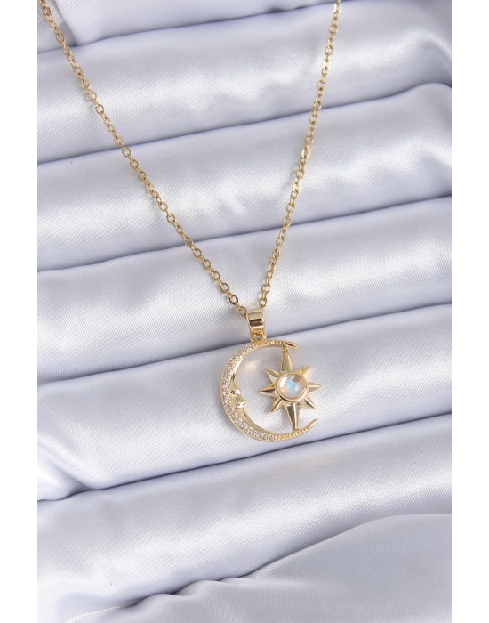 MuI MuI 316L Çelik Gold Renk Zirkon Taşlı Ay Yıldız Model Kadın Kolye