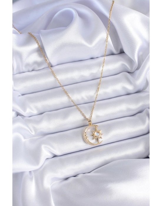 MuI MuI 316L Çelik Gold Renk Zirkon Taşlı Ay Yıldız Model Kadın Kolye