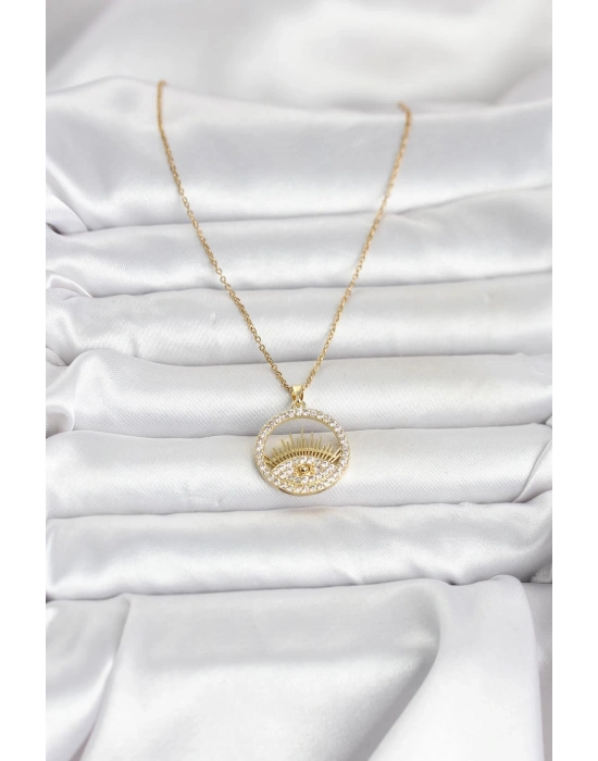 MuI MuI 316L Çelik Gold Renk Zirkon Taşlı Göz Model Kadın Kolye