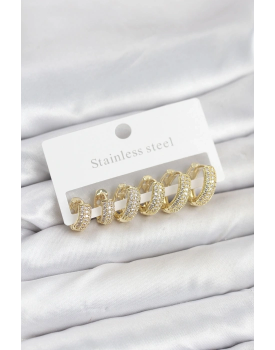 MuI MuI 316L Çelik Gold Renk Zirkon Taşlı Halka Küpe Seti