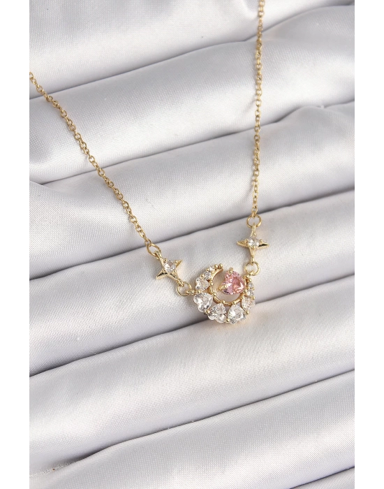 MuI MuI 316L Çelik Gold Renk Zirkon Taşlı Hilal Pembe Kalp Model Kadın Kolye