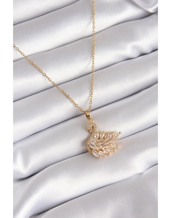 MuI MuI 316L Çelik Gold Renk Zirkon Taşlı Kuğu Model Kadın Kolye