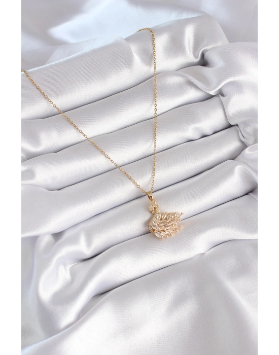 MuI MuI 316L Çelik Gold Renk Zirkon Taşlı Kuğu Model Kadın Kolye