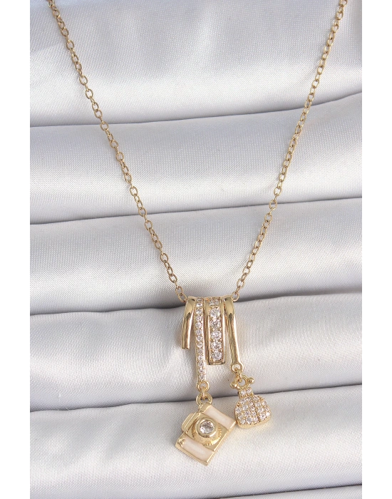 MuI MuI 316L Çelik Gold Renk Zirkon Taşlı Sallantı Fotoğraf Makinası Figür Charm Kadın Kolye