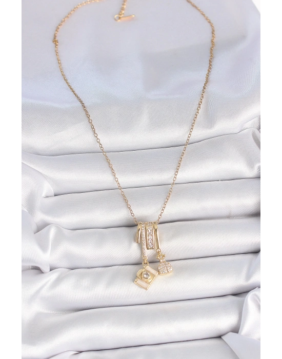 MuI MuI 316L Çelik Gold Renk Zirkon Taşlı Sallantı Fotoğraf Makinası Figür Charm Kadın Kolye