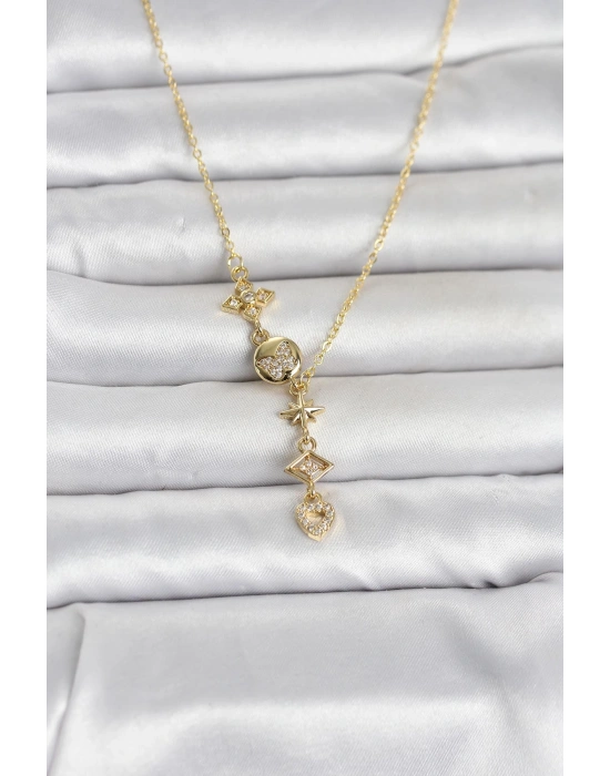 MuI MuI 316L Çelik Gold Renk Zirkon Taşlı Y Kadın Kolye