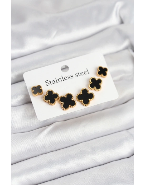 MuI MuI 316L Çelik Gold Siyah Renk 3 Boy Yonca Küpe Seti