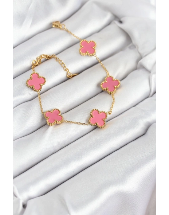 MuI MuI 316L Çelik Gold Zincir Pembe Yonca Renk Bileklik