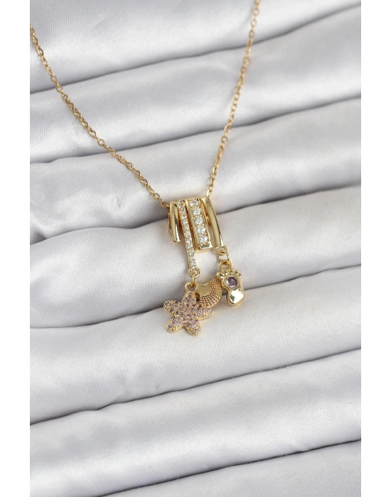 MuI MuI 316L Çelik Gold Zirkon Taşlı Deniz Tema Charmlı Kadın Kolye