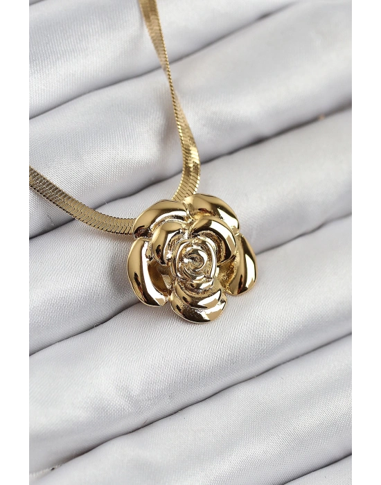 MuI MuI 316L Çelik Gül Figürlü İtalyan Zincir Model Gold Renk Kadın Kolye
